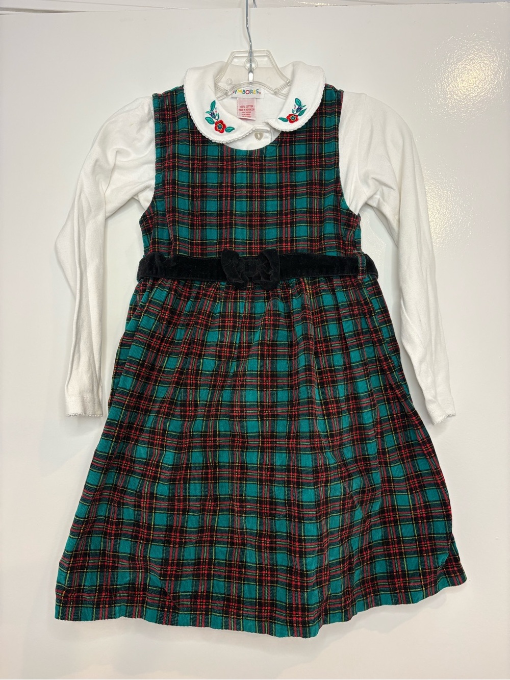 Gymboree Vtg ‘90s Girls 2-piece Outfit Green Plaid Corduroy Dress & Top XXL READ